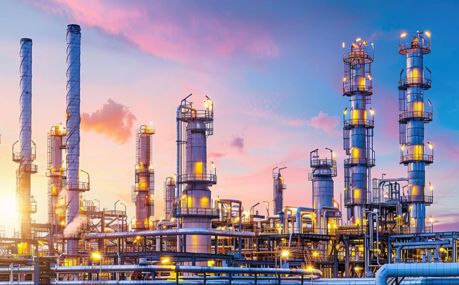 An oil and gas production plant at dusk where towering stacks