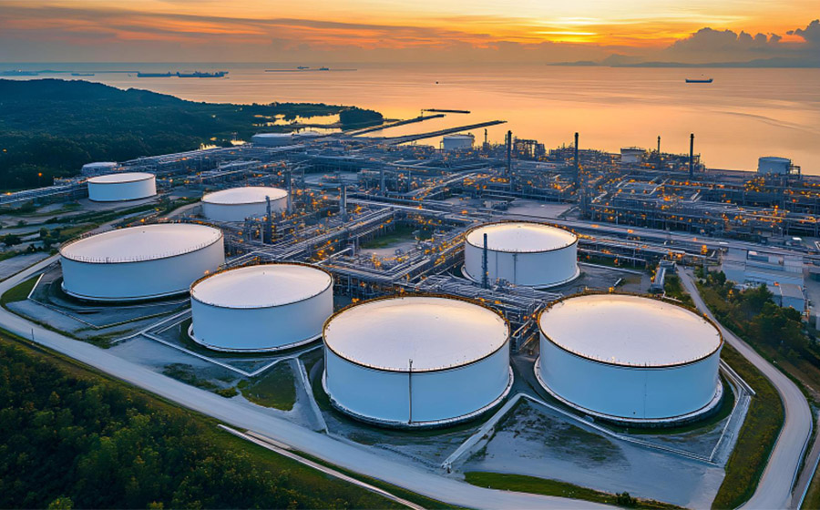 Oil refinery featuring large storage tanks